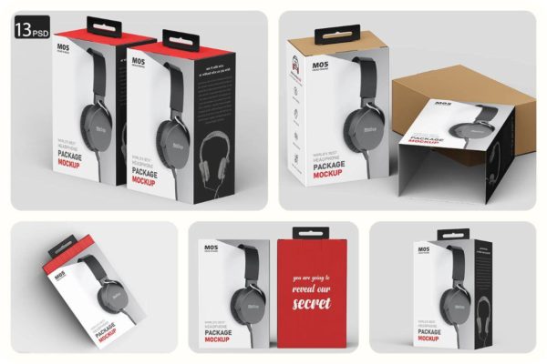 13款时尚头戴耳机包装盒纸盒设计展示样机PSD模板素材 Vertical Headphone Package Box Mockup