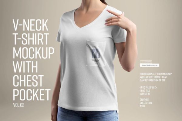 4款带胸袋女士V领T恤半袖设计展示效果图PSD样机模板 4 Mockup Woman V-Neck T-Shirt with a Chest Pocket. vol.02