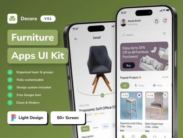50+屏现代时尚家具商店app设计ui套件figma格式模板素材 Decora – Furniture Mobile App UI Kit