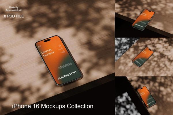 8款户外拍摄带阴影UI界面作品设计展示效果图PSD样机模板 iPhone 16 mockups collection