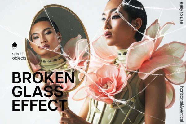破碎粉碎裂痕透明玻璃渣人物照片效果ps特效滤镜样机 Broken Glass Photo Effect