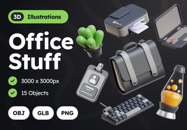 15款高级3D立体办公用品UI图标Icons插图设计OBJ/PNG格式素材 3D Office Stuff Illustrations