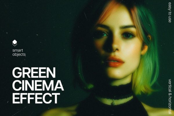 绿色发光模糊电影照片效果ps特效滤镜样机 Green Movie Photo Effect
