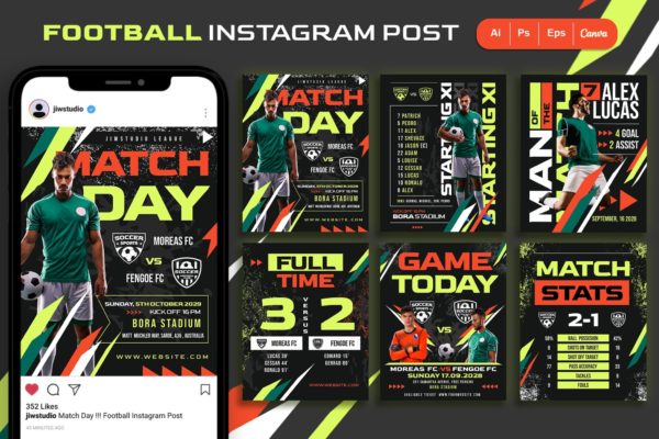 Ins风足球体育俱乐部品牌海报公众号推文设计PSD\AI模版 Green & Orange Football Instagram Post