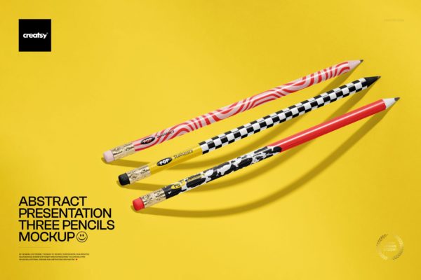 1款办公用品绘画铅笔炭笔图案Logo设计展示PS贴图样机模板素材 Abstract Presentation of Three Pencils Mockup by Creatsy