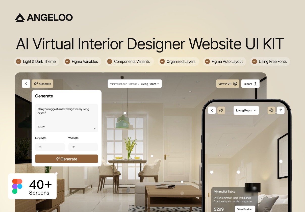 40+屏响应式AI智能室内装修设计作品网站UI界面设计Figma模板套件 Angeloo - AI Virtual Interior ...