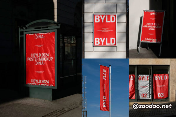 8款小众展会广告牌海报招贴旗帜VI标志Logo贴图样机PSD模板 BYLD Mockup – Sign & Poster Mockup P1