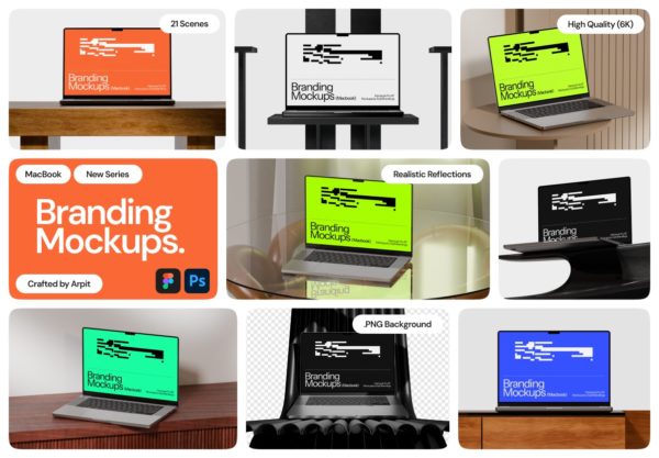 21款网站UI界面作品设计苹果MacBook电脑展示效果图PS贴图样机模板 Branding Mockups – Macbook Pro