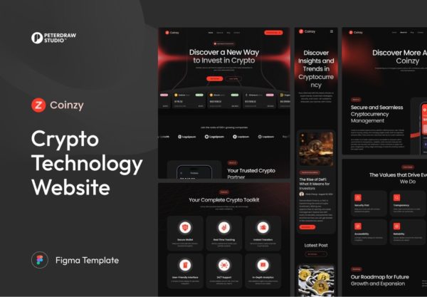 现代时尚加密货币数字金融网络科技网站ui界面设计figma模板素材 Coinzy – Cryptocurrency Technology Website