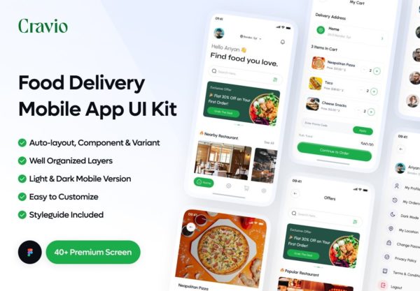40+屏双配色美食食品配送外卖移动应用程序app ui界面设计figma模板素材 Cravio – Food Delivery App UI Kit