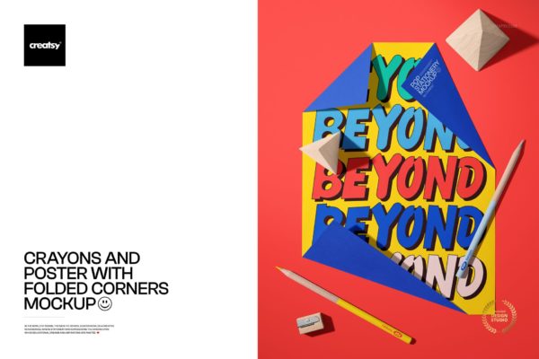 1款逼真带折边角海报传单彩铅铅笔VI贴图PSD样机模板素材 Crayons and Poster with Folded Corners Mockup by Creatsy