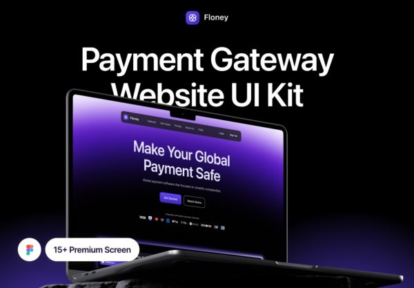 15+屏暗黑金融财务支付管理网站web ui界面设计figma模板套件 Floney – Payment Gateway Website UI KIT