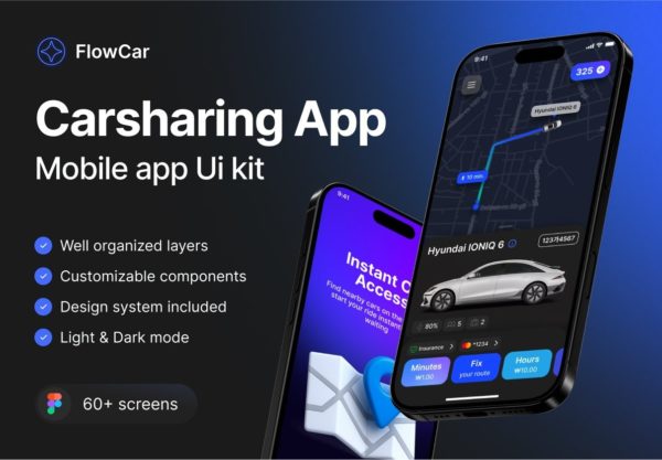 60+屏双配色共享汽车手机系统软件app设计ui套件figma模板素材 FlowCar: Carsharing App Ui Kit