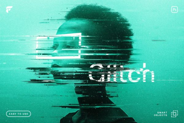 炫酷毛刺故障错位人像图片修图PS特效滤镜样机模板素材 Glitch Distortion Photo Effect