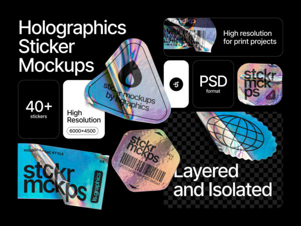 Holographic Sticker Mockups by LS.Graphics 40款全息渐变镭射褶皱不干胶标签贴纸生成器PSD样机模板素材
