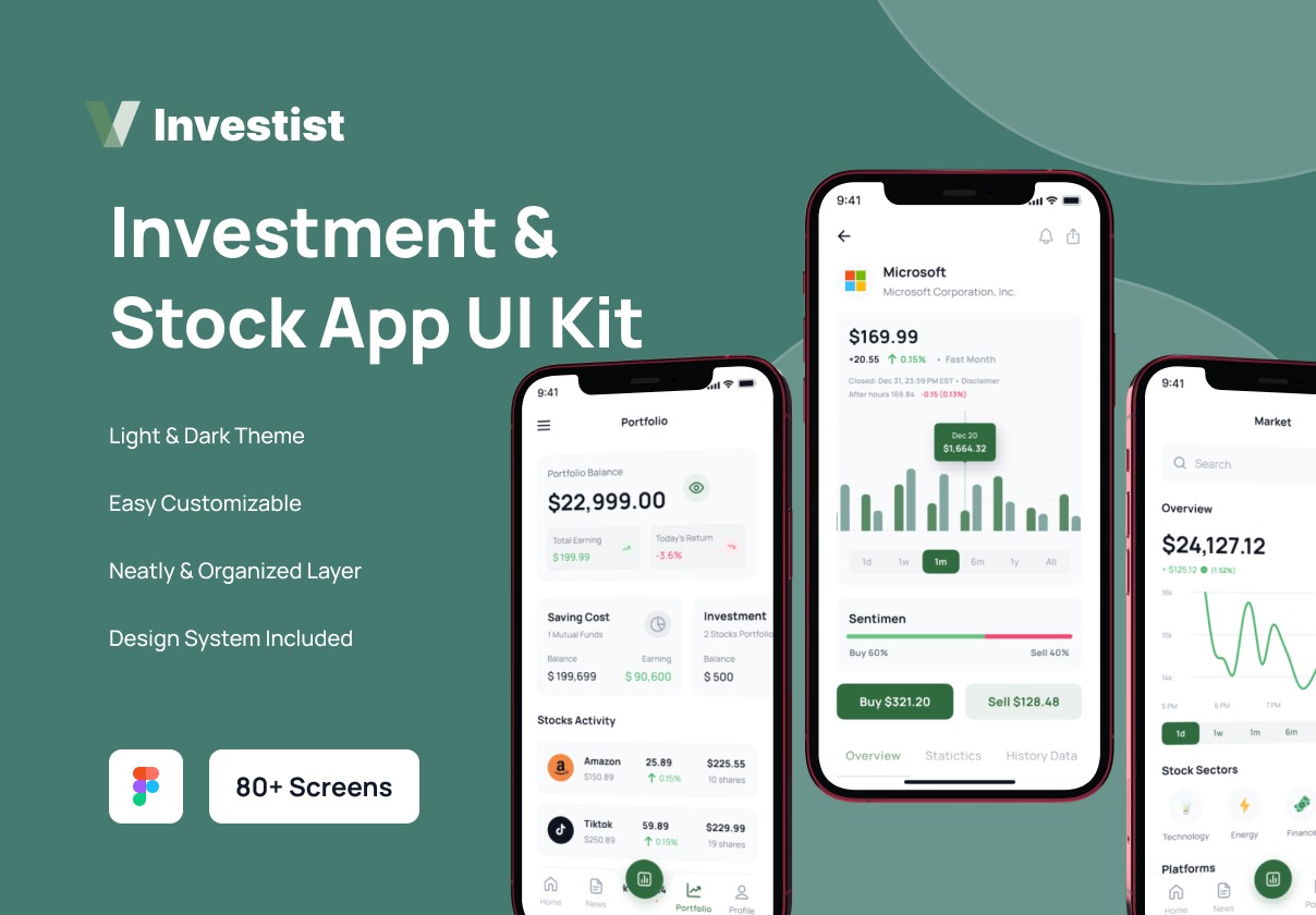 84屏高级股票投资金融理财app设计ui套件figma模板素材Investist - Stock Investment App UI Kit