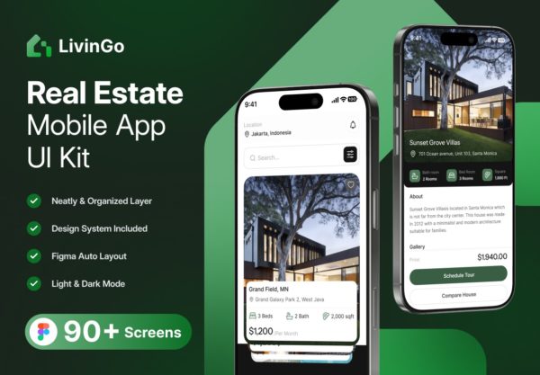 90+屏酒店旅馆房屋床位预约软件APP UI界面设计Figma模板素材 LivinGo – Real Estate Mobile UI Kit