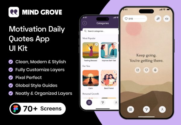 70+屏时尚冥想心里健康保健生活方式app ui界面设计figma模板素材 Mind Grove – Motivation Daily Quotes App UI Kit