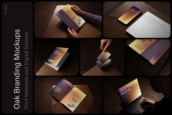 10款高端笔记本画册书籍名片iPhone手机MacBook电脑VI贴图PSD样机模板 Oak Branding Mockups