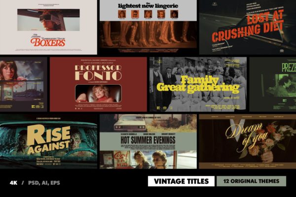 12款复古电影话剧预告片海报设计AI/PSD格式模板源文件 Old Movie Titles Collection