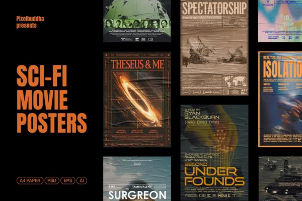 6款复古科幻未来电影艺术海报标题排版AI/EPS/PSD分层设计模板 Sci-Fi Movie Posters