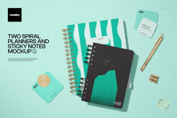 1款时尚办公笔记本钢笔便利贴纸设计展示效果图PSD样机模板 Two Spiral Planners and Sticky Notes Mockup by Creatsy