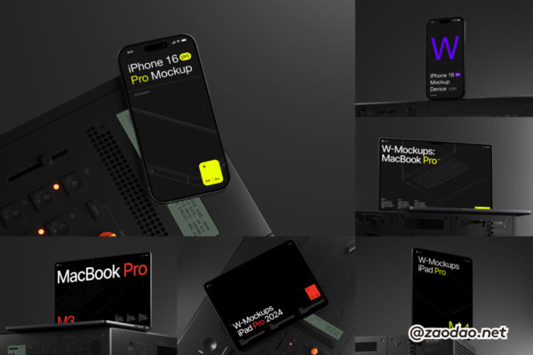 16款高端工业风苹果iPhone 16 Pro手机MacBook电脑iPad平板UI作品贴图PSD样机模板 W-Mockups, Apple Devices by ls.graphics