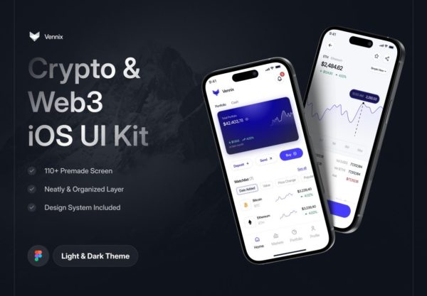 110+屏高级双配色加密货币金融理财财务管理app设计ui套件figma模板素材 Zennix – Crypto & Web3 App UI Kit