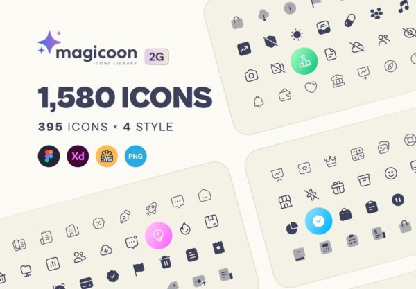 1580款时尚极简UI用户界面设计线条图标Icons设计Figma/XD/PNG格式素材 magicoon 2G – Essential UI Icons Set
