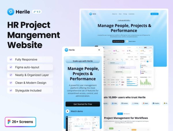 210+屏响应式HR人力资源项目管理团队协作运营网站&APP UI界面设计Figma格式模板素材 HR Project Management Website & Web App Design