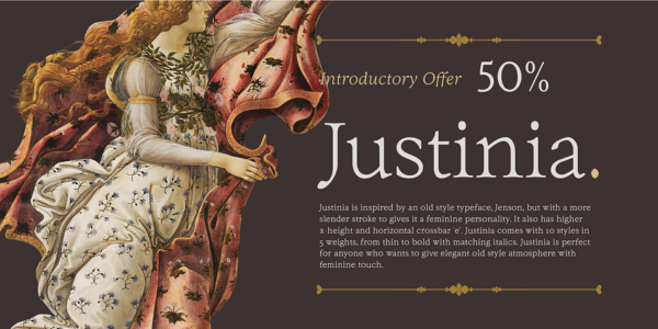 10款字重复古老式女性化纤细衬线英文字体安装包家族 Fontsping – Justinia Font Family