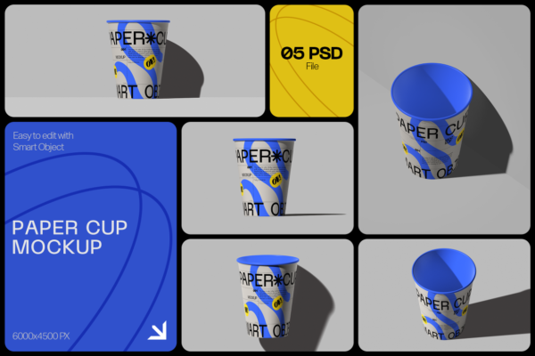 5款时尚饮料果汁奶茶咖啡纸杯外卖杯VI设计展示PS贴图样机模板 Paper Cup Mockup