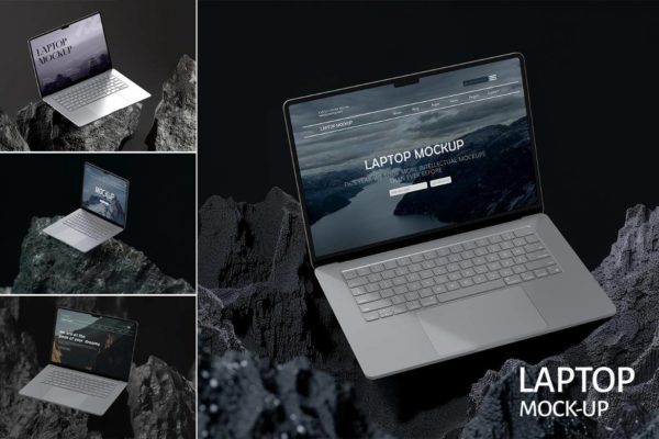 岩石背景UI作品集设计苹果iMac笔记本电脑展示PS贴图样机模板 Imac Laptop Mockup