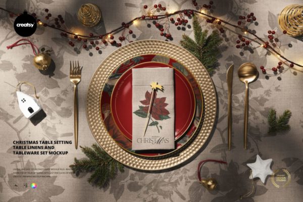 1款温馨圣诞节节日桌布置桌布餐具设计展示PS贴图样机模板 Christmas Table Setting Table Linens and Tableware Set Mockup