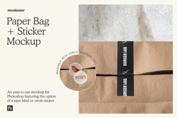 1款逼真外卖牛皮纸纸袋标签贴纸设计展示PS贴图样机模板 Paper Bag + Stickers Mockup