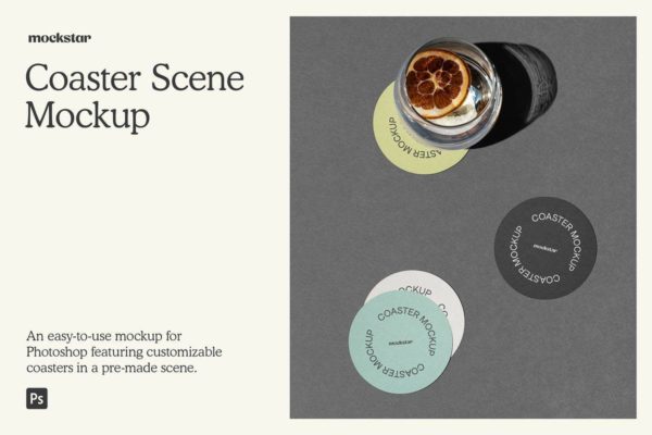 1款时尚水杯杯垫logo印花图案设计ps展示效果图样机模板 Coaster Scene Mockup