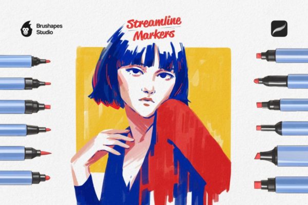 12款马克笔记号笔水墨数字艺术绘画procreate笔刷画笔素材 Streamline Markers – Procreate Brushes