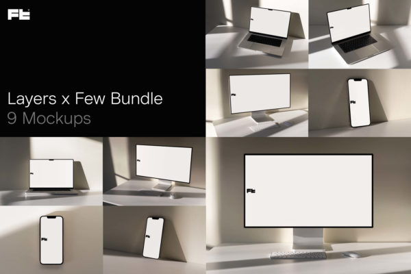 9款高级优雅UI界面作品设计苹果MacBook电脑iPhone手机贴图PSD样机模板 Studio Few – Layers x Few Mockup Bundle