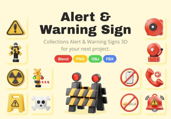 15款高级3D立体警报警示标识图标Icons设计Blender/Obj/Png格式素材 Alert And Warning Sign