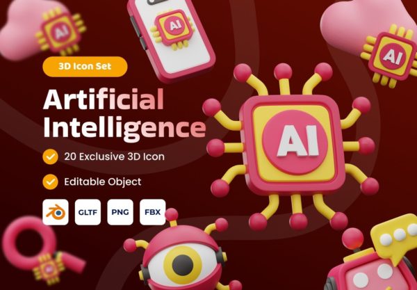 20款3D立体AI人工智能大脑科技图标Icons设计PNG/FBX格式素材 Artificial Intelligence 3D Icon