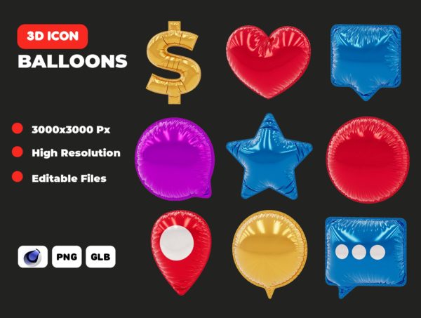 24款3D立体气球字母数字设计PNG/C4D/FBX格式素材 Balloons 3D Icon Pack