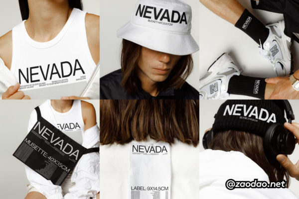 Bendito.Mockup – Nevada Collection P1 8款国外小众T恤背心连衣帽卫衣棒球帽渔夫帽袜子标签帆布袋服装VI贴图PS样机模板