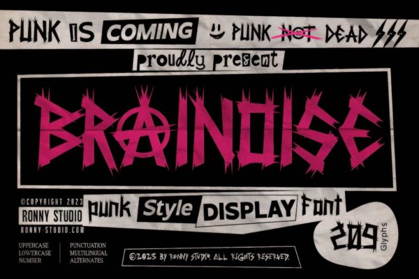 时尚复古朋克风街头摇滚音乐海报设计装饰英文字体 Brainoise — Punk Display Font