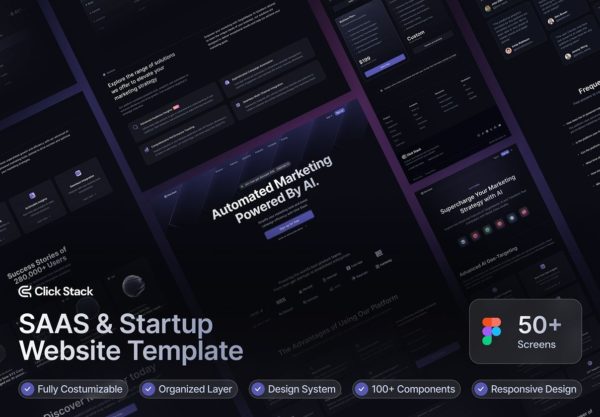 50+屏AI智能黑暗SaaS服务营销服务平台网站UI界面设计Figma模板素材 Click Stack – SaaS Web Templates