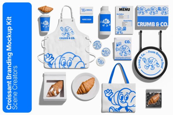 Croissant Branding Mockup Kit 11款极简活力咖啡面包店品牌VI设计菜单标签名片包装纸袋围裙帆布袋PS贴图样机模板