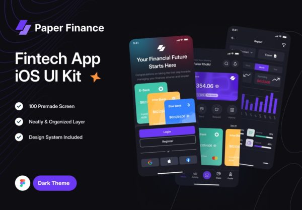 100屏黑暗风格金融科技银行财务管理加密货币电子钱包app ui界面设计figma模板 Dark Mode – Paper Finance (Fintech mobile UI Kit)