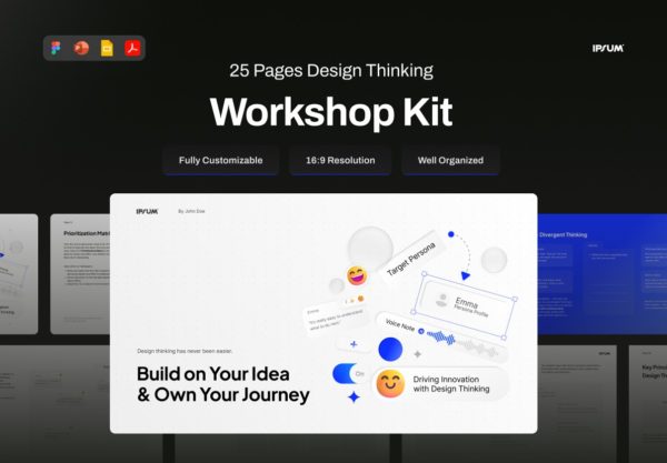 25页极简美学UIUX项目策划思维提案幻灯片设计PPT/Figma模板素材 Design Thinking Workshop Kit Pitch Deck – Ipsum