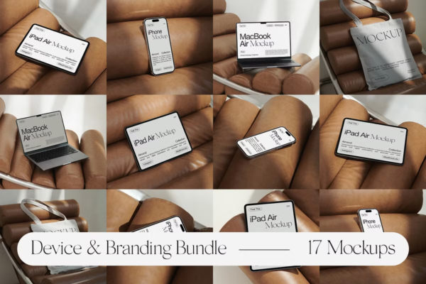 17款欧风帆布袋iPhone手机iPad平板Mac电脑品牌Vi设计Ps贴图样机Mockup模板 Device & Branding Mockup Bundle by Feel This