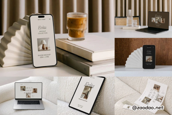 25款欧风高端iPhone手机iPad平板MacBook电脑海报名片VI贴图PSD样机 Moyo Studio – Evita Device & Stationery Mockup Bundle