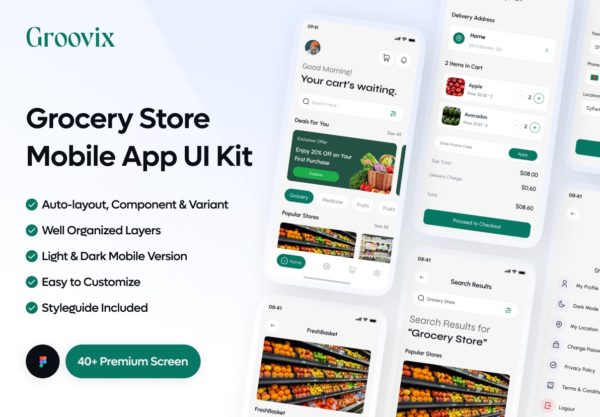 40+屏双配色水果杂货店超市购买配送app设计ui界面套件figma模板 Groovix – Grocery Store App UI Kit